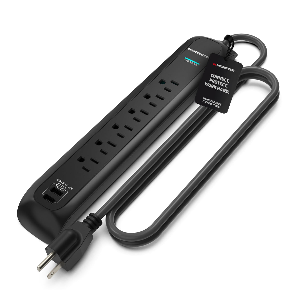 Monster front view of power strip showing outlets and ports for organized power