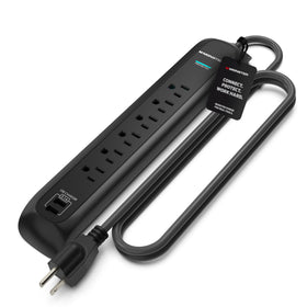 Monster front view of power strip showing outlets and ports for organized power