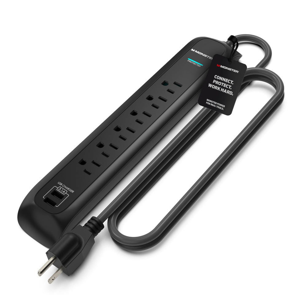 Monster front view of power strip showing outlets and ports for organized power