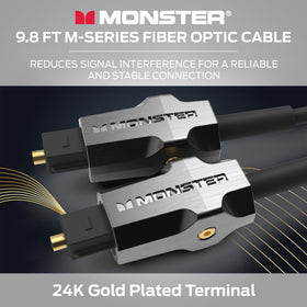 Monster M-Series connector close-up highlighting gold-plated ends for corrosion resistance