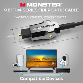 Monster M-Series connected to a soundbar illustrating clearer dialogue and effects