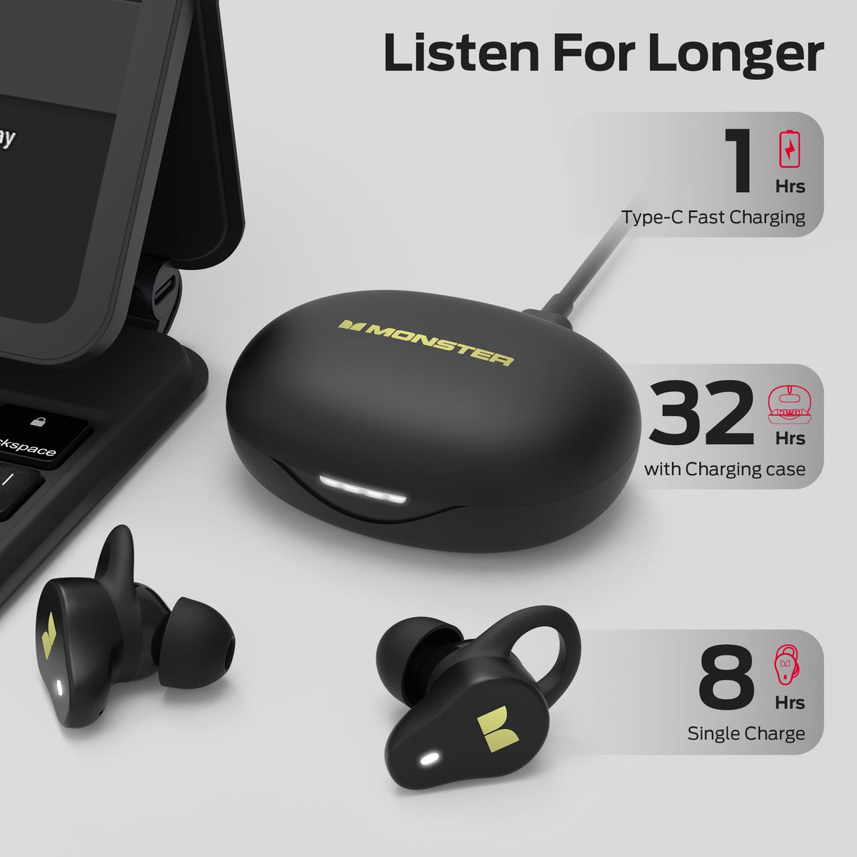 Monster N-Lite 210 earbuds with Bluetooth 5.4 for reliable connection.