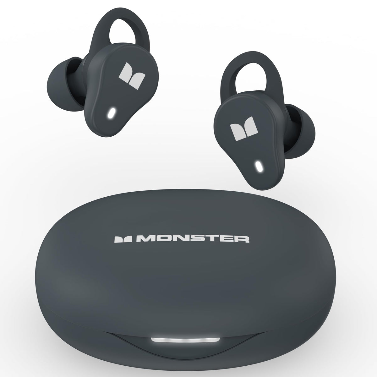 Monster N-Lite 210 front view with case open showing earbuds and benefit of compact storage