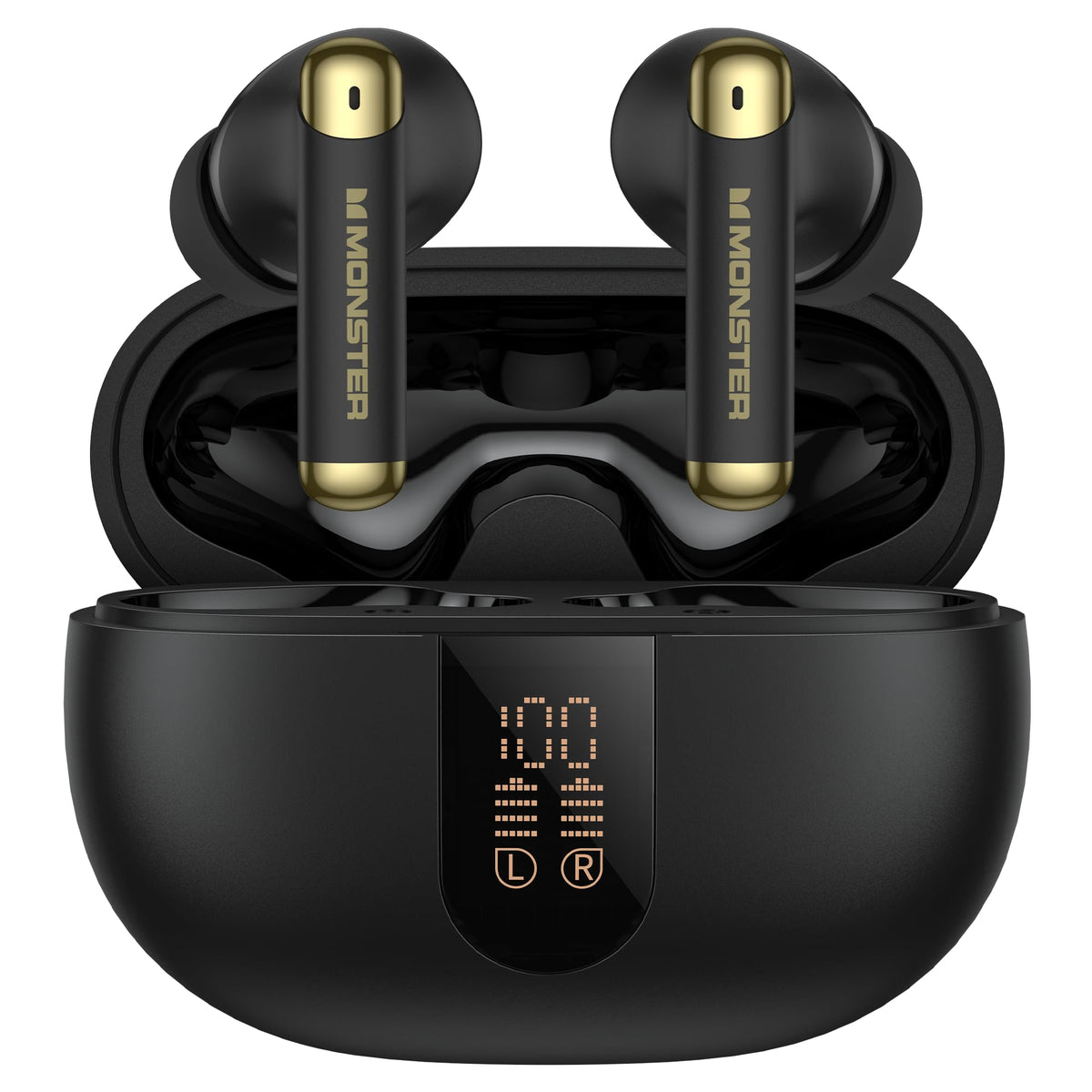 Monster N-Lite 211 front view showing earbuds and case, clear visual of design and portability