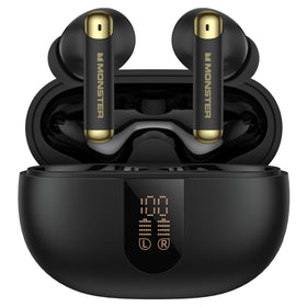 Monster N-Lite 211 front view showing earbuds and case, clear visual of design and portability