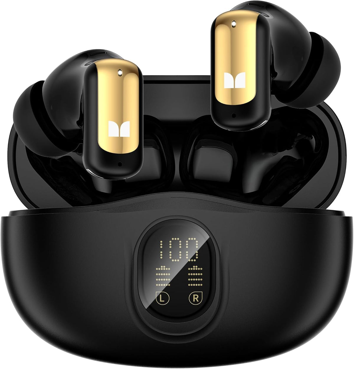 Monster N‑Lite 217 front view with open case showing earbuds and case benefit: easy access