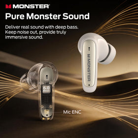 Monster N-Lite 310 charging case open displaying earbuds and long battery benefit
