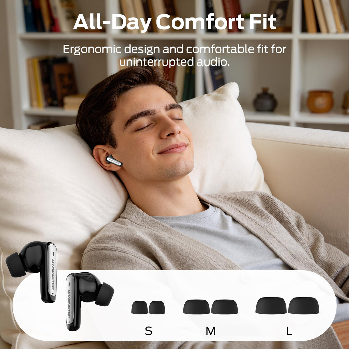 Monster N-Lite 310 charging case open displaying earbuds and long battery portability