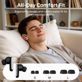 Monster N-Lite 310 charging case open displaying earbuds and long battery portability