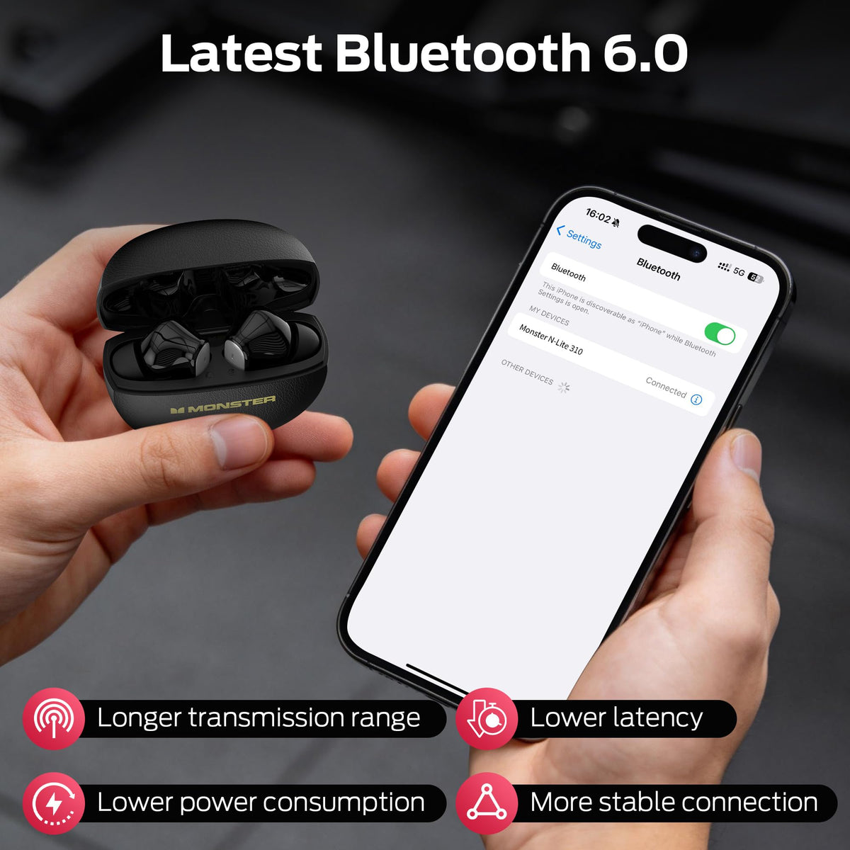 Monster N-Lite 310 packaging and accessories showing included ear tips and charging cable