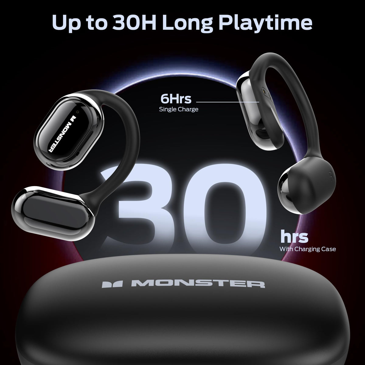 Monster Open Free AC100 charging case with cable showing long 30-hour battery advantage