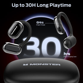 Monster Open Free AC100 charging case with cable showing long 30-hour battery advantage