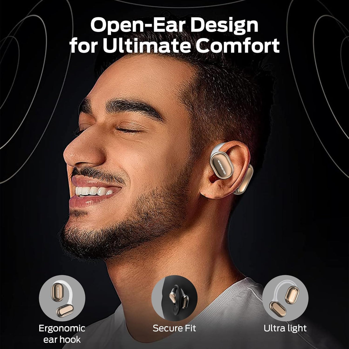 Monster open free AC100 earhook detail highlighting secure fit and pressure-free stability