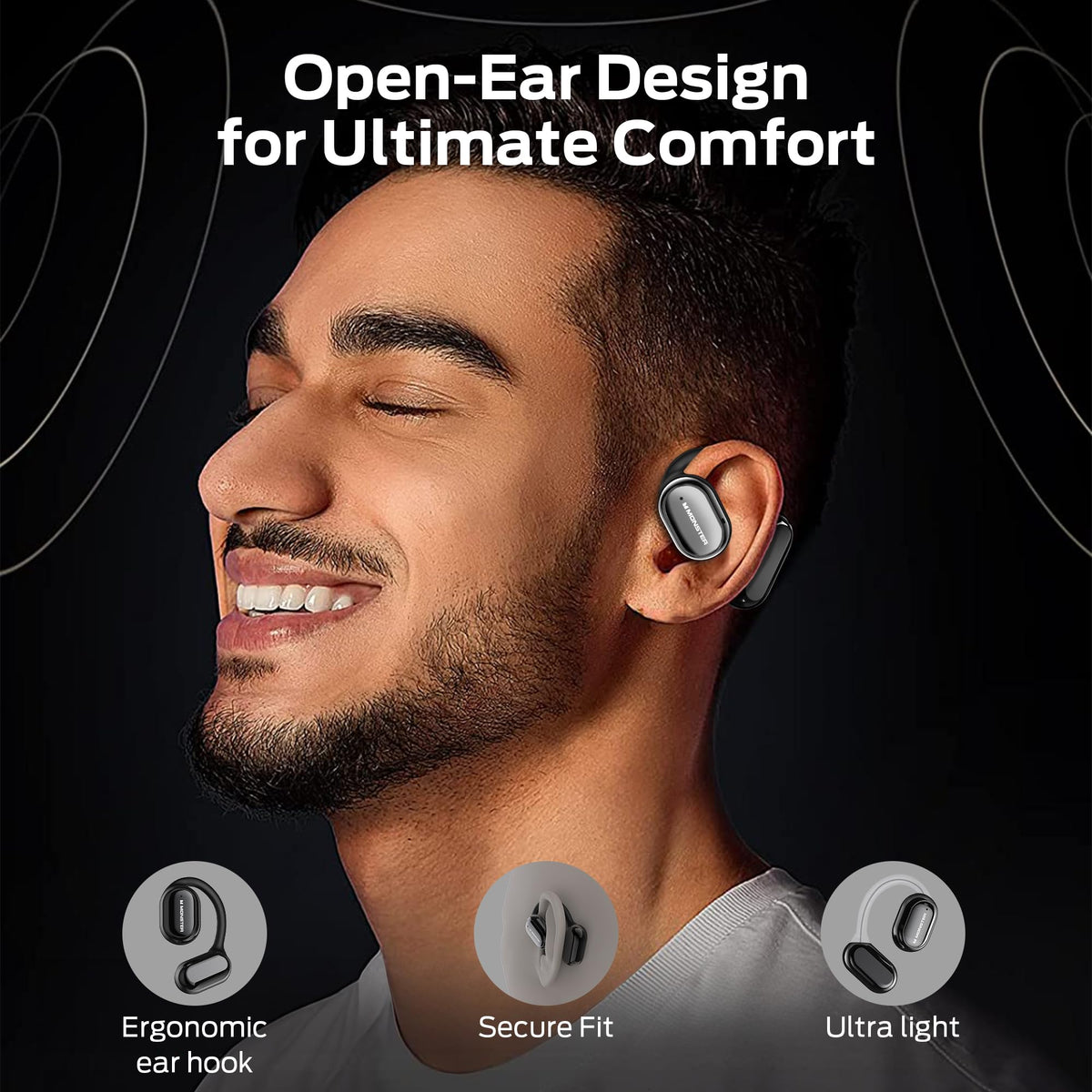 Monster Open Free AC100 side profile on model illustrating secure earhook fit for workouts