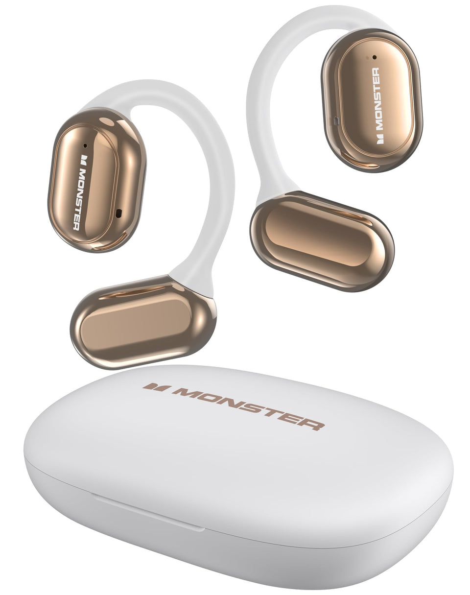 Monster open free AC100 front view showing white open-ear design and comfort