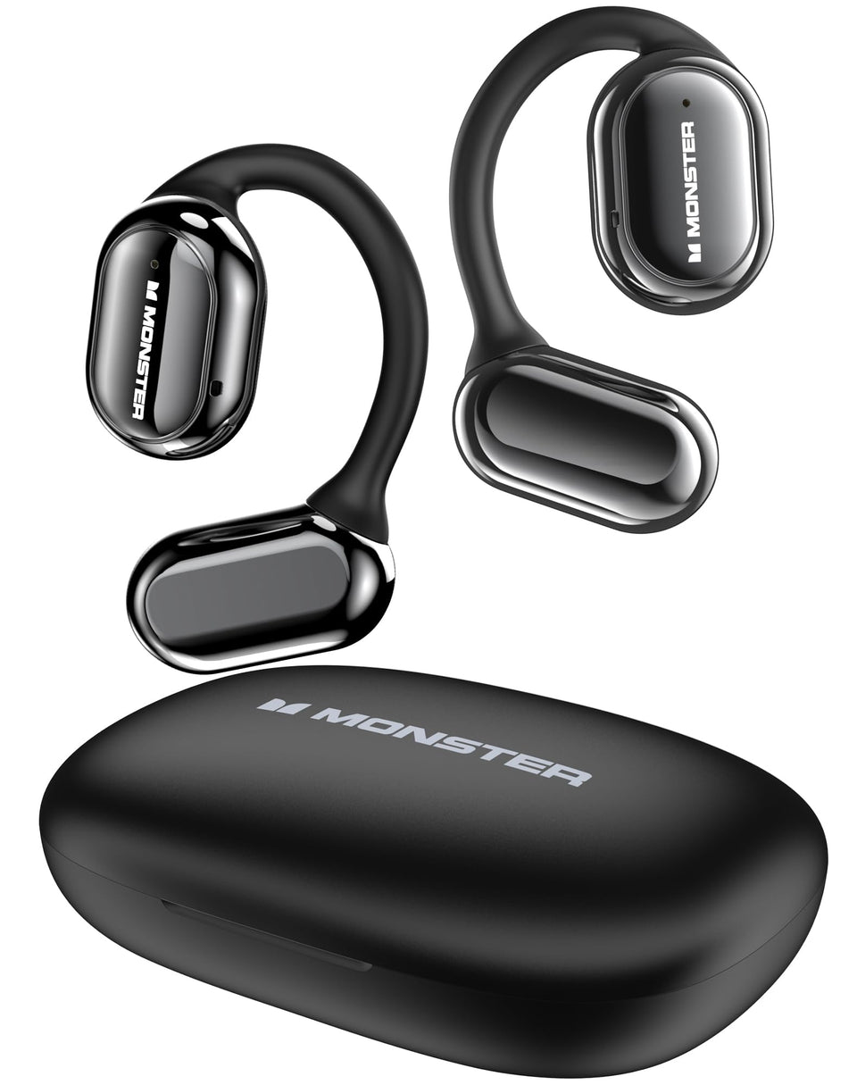 Monster Open Free AC100 front view showing sleek earhook design and immediate comfort