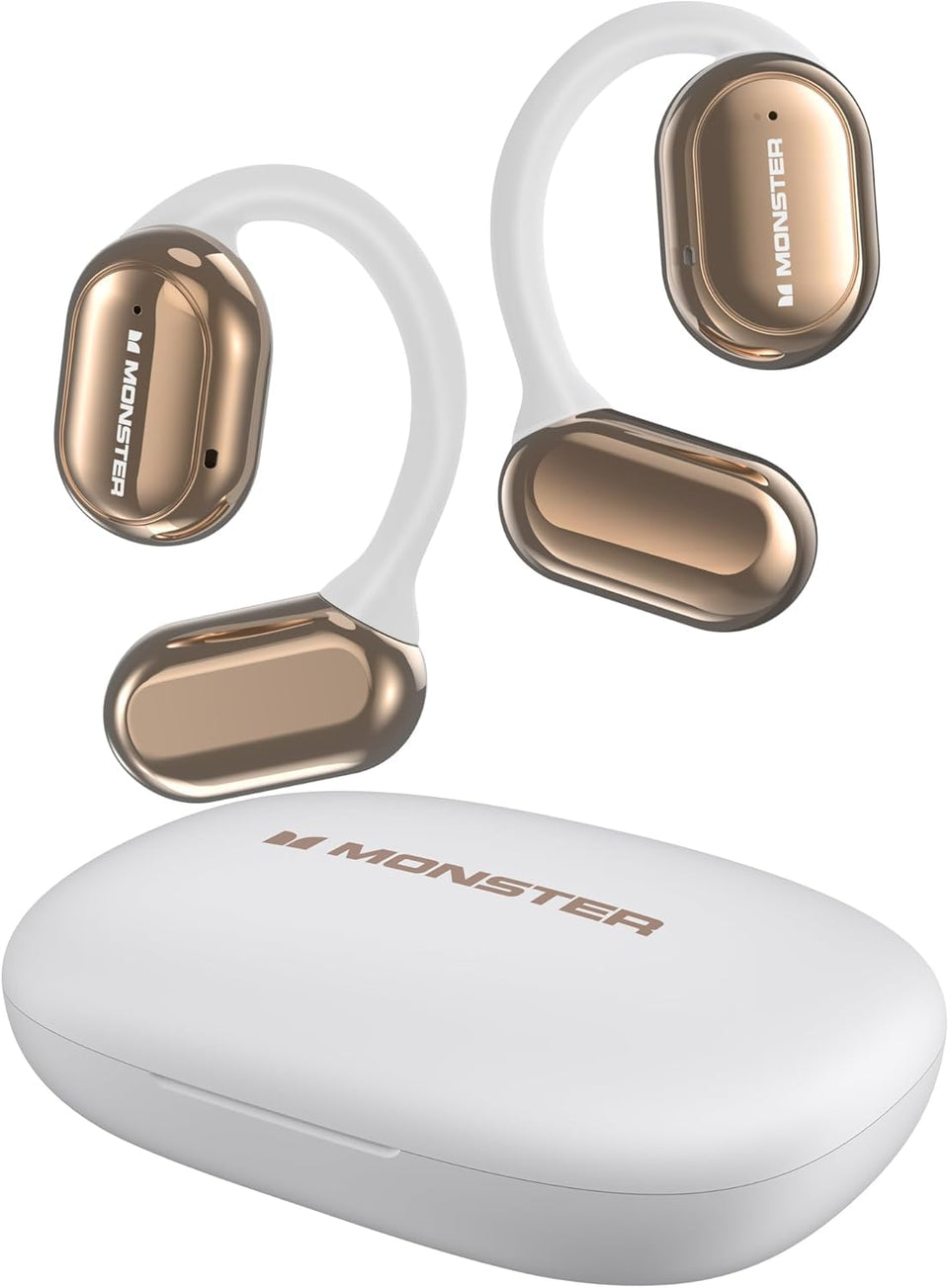 Monster open free AC100 front view showing clean white finish and earhooks for all-day comfort