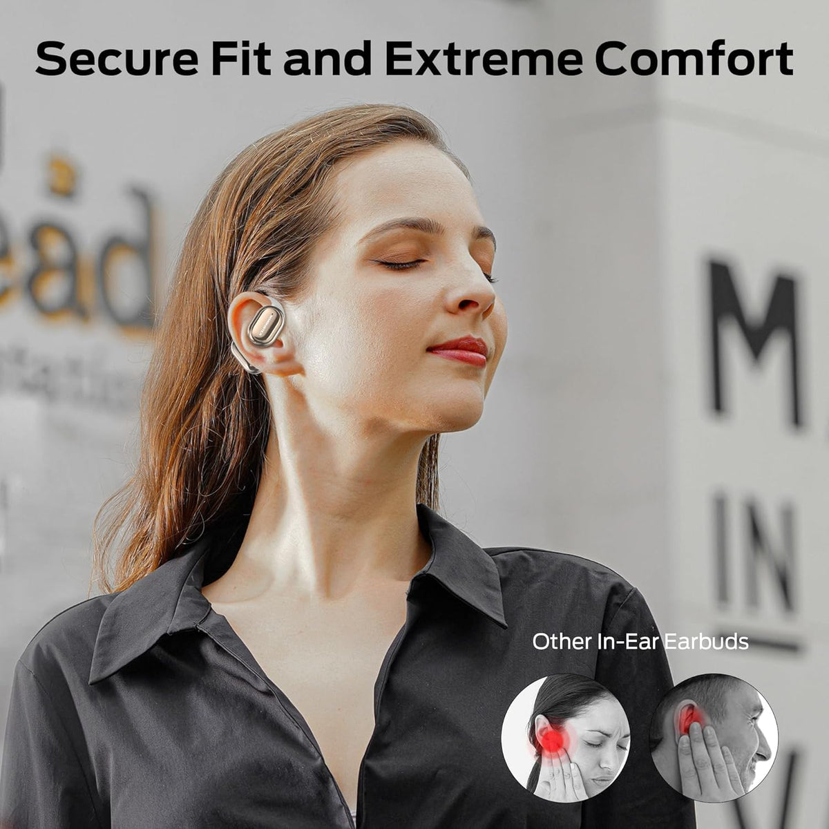 Monster open free AC100 side profile worn demonstrating open-ear awareness during activity