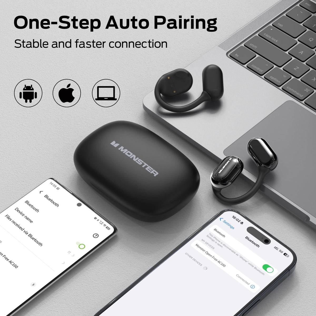 Monster Open Free AC100 held in hand to show compact size and portability