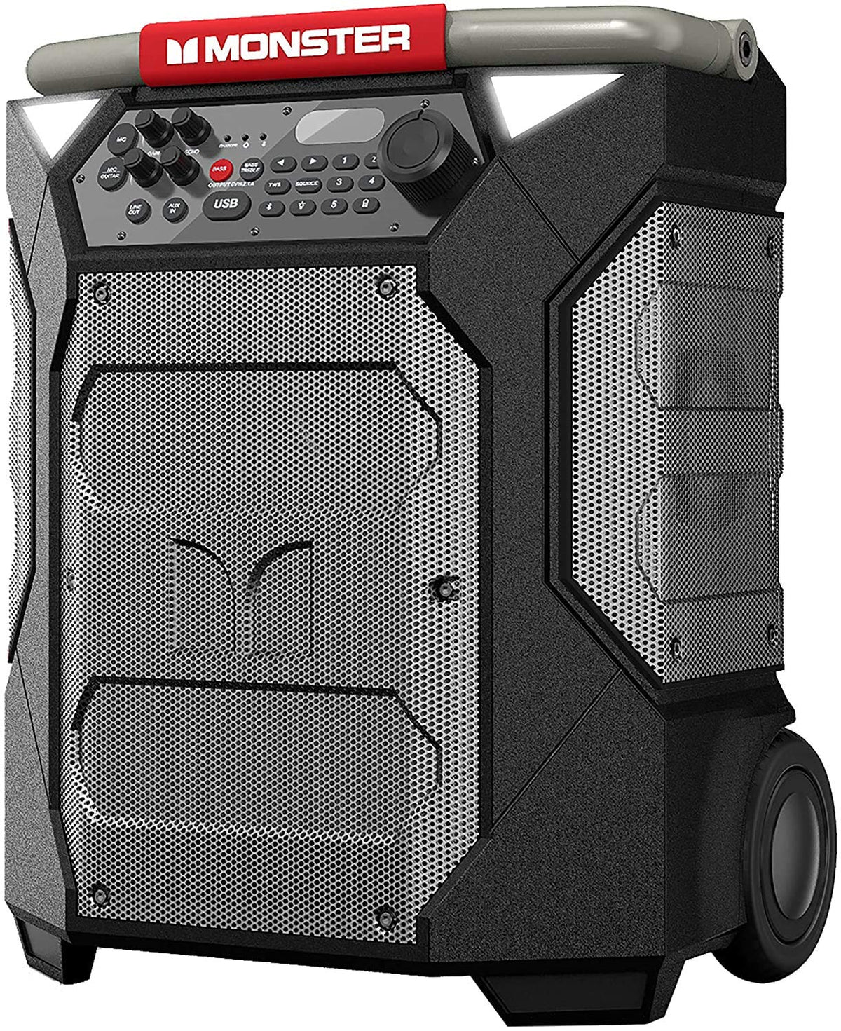Monster Rockin' Roller 270 front view highlights rugged portability for outdoor parties.