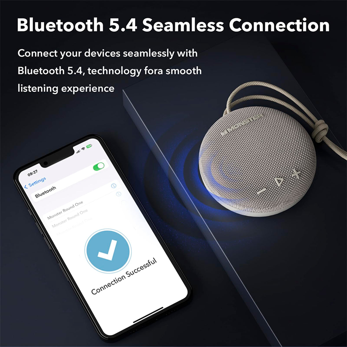 Monster Round One Bluetooth connection, seamless pairing and reliable range for outdoor use.