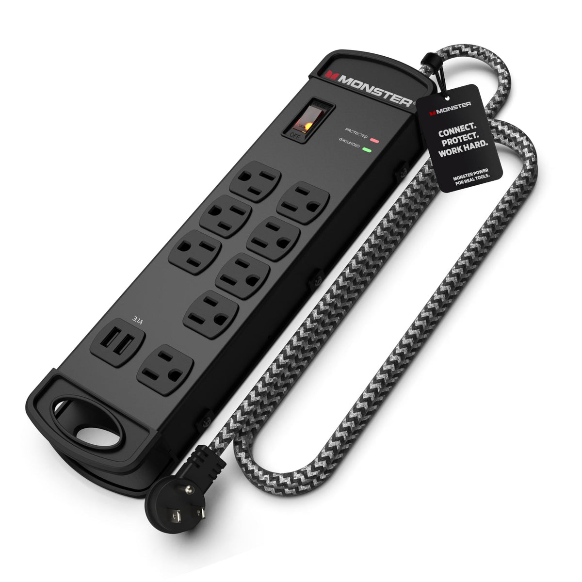 Monster Surge Protector Pro MI front view with eight outlets ready to power a full studio rig.
