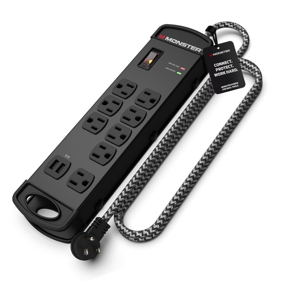 Monster Surge Protector Pro MI front view with eight outlets ready to power a full studio rig.