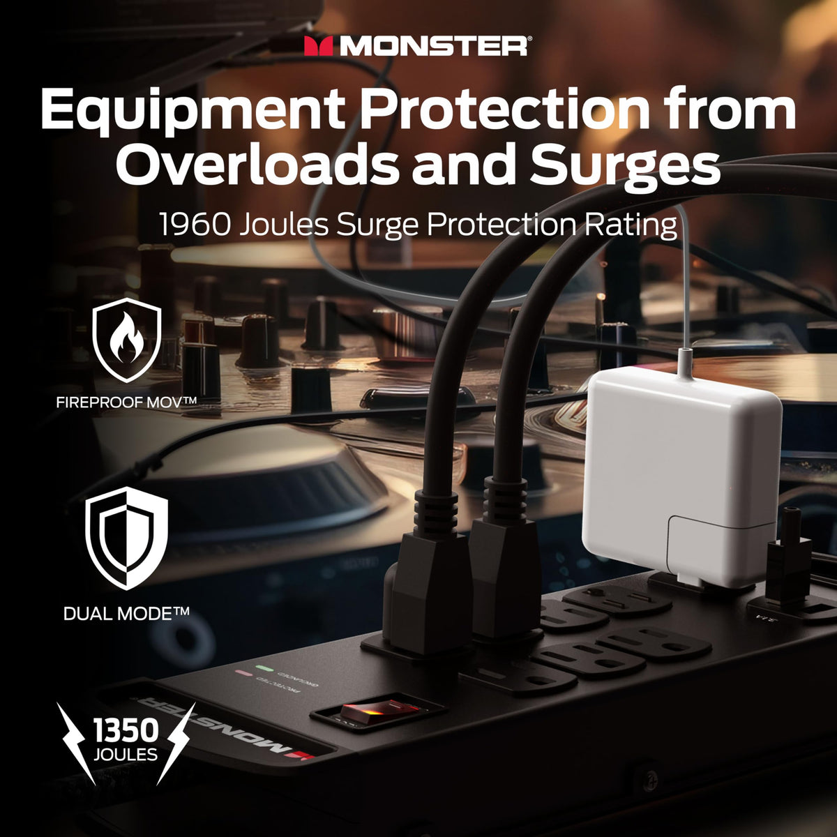 Monster Surge Protector Pro MI wide-spaced outlets prevent bulky plugs from crowding the strip.