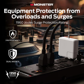 Monster Surge Protector Pro MI wide-spaced outlets prevent bulky plugs from crowding the strip.