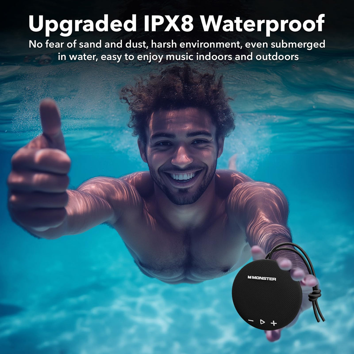 Monster close-up of waterproof seal and texture, brand durability for showers