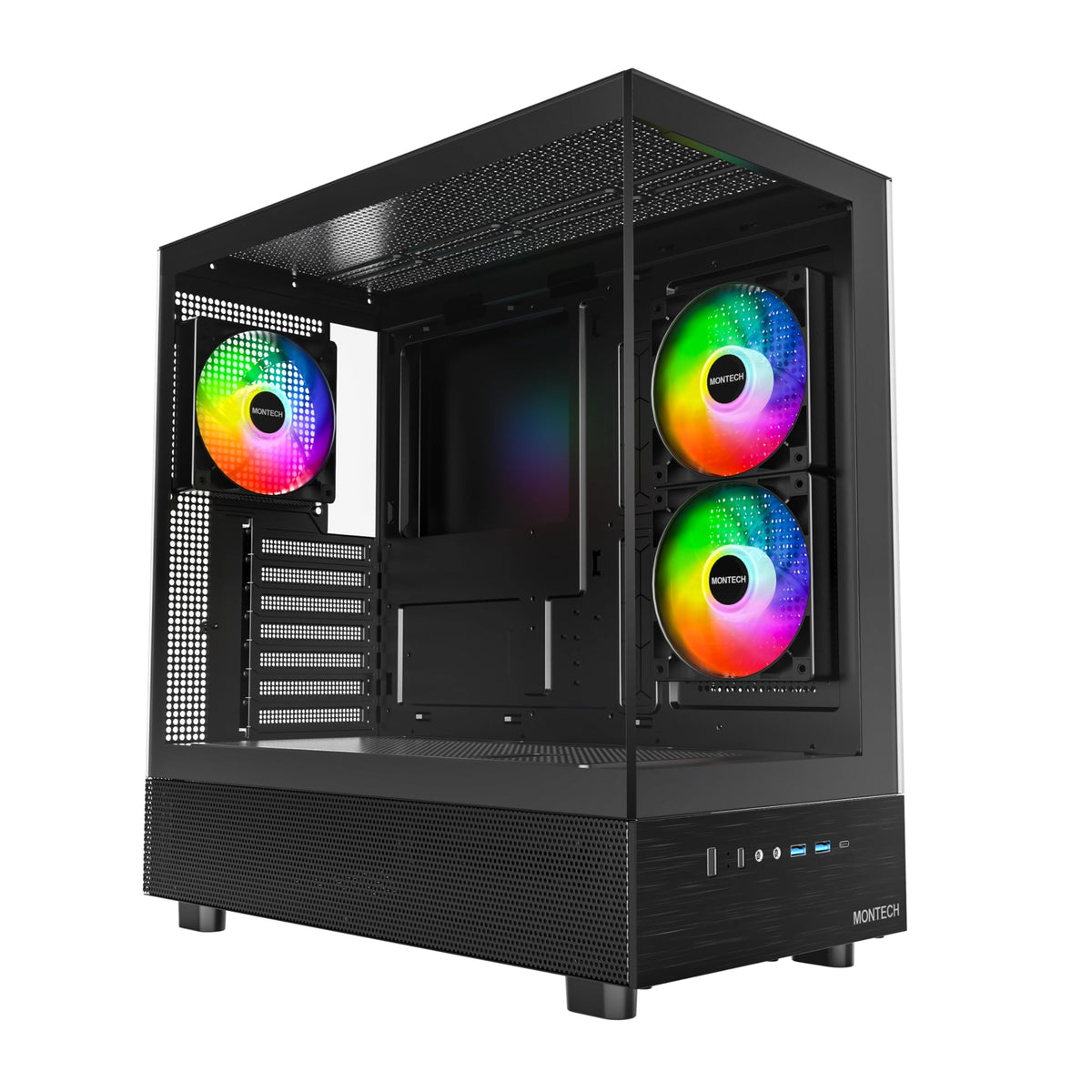 Montech XR-B full-view tempered glass panel showcases your build.
