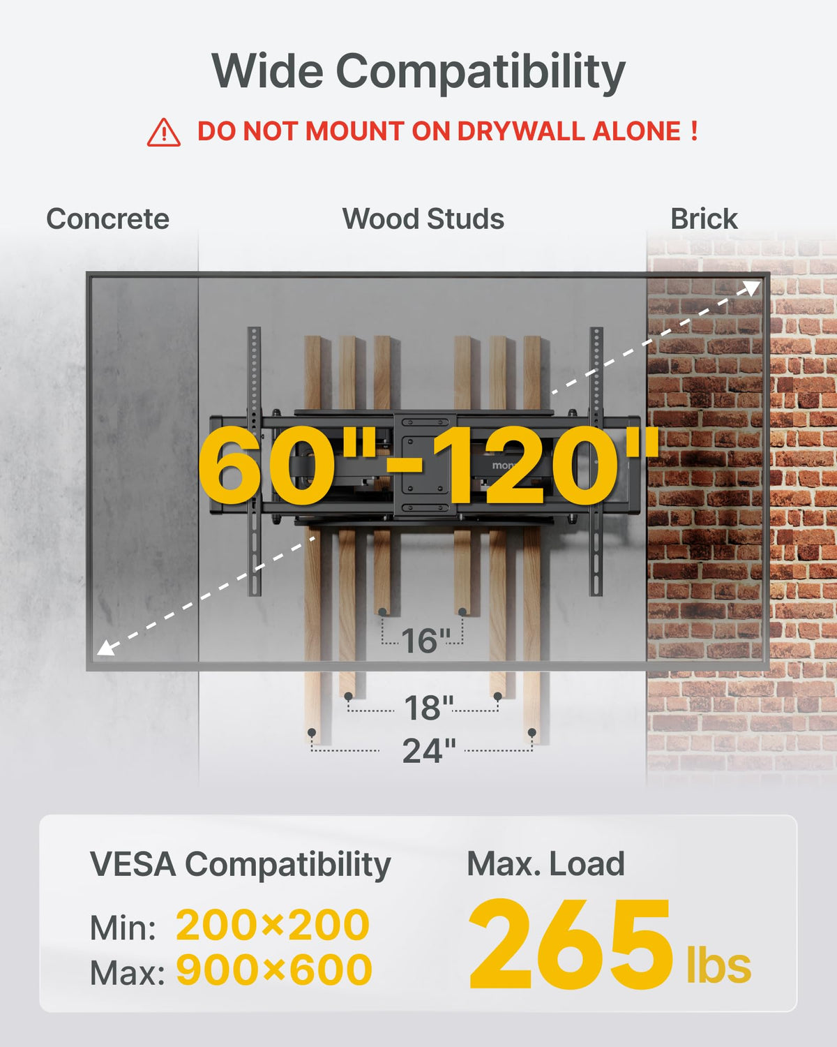 monTEK 265 lbs capacity wall mount provides stable, reliable support for large screens.