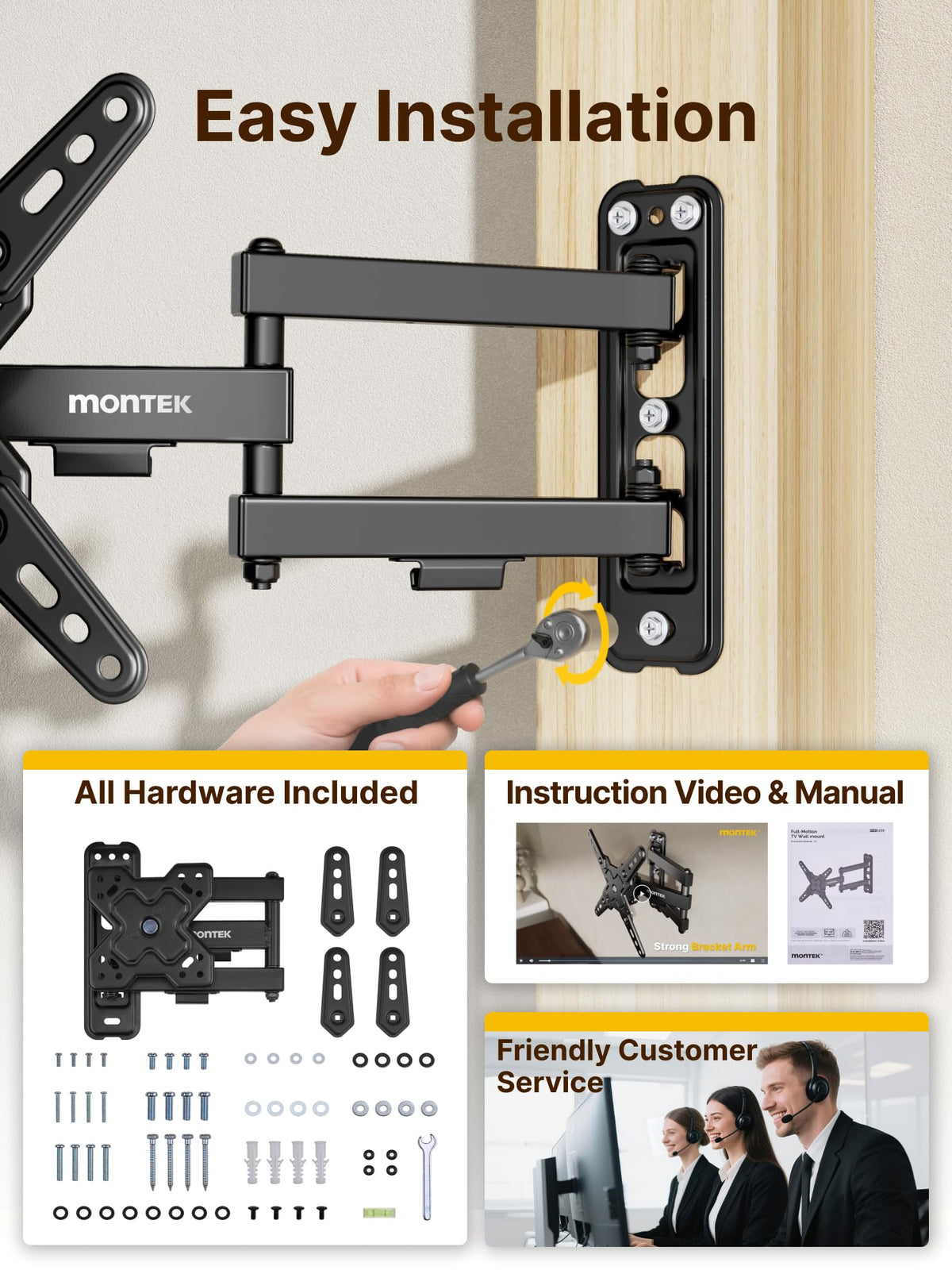 Compact profile retracts to 2.6 inches when not in use with monTEK.