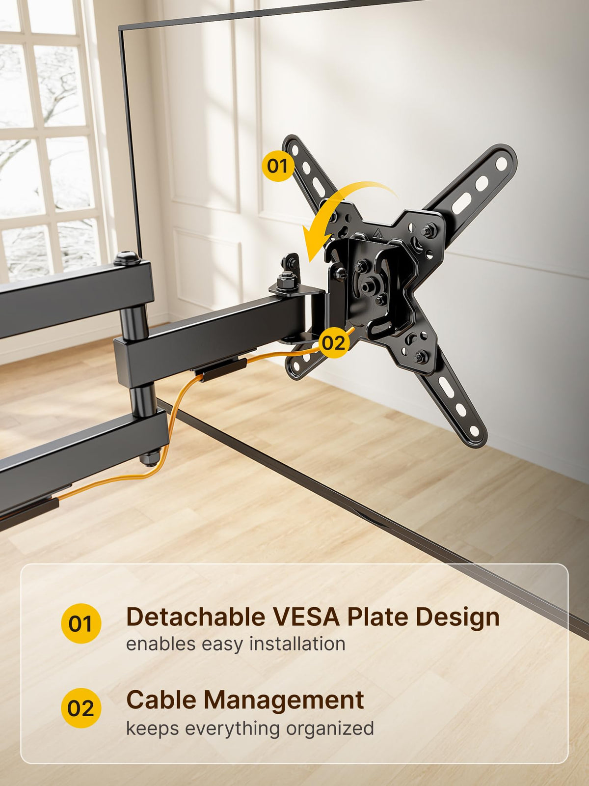 VESA compatibility from 75x75 to 200x200 mm for many TV brands.