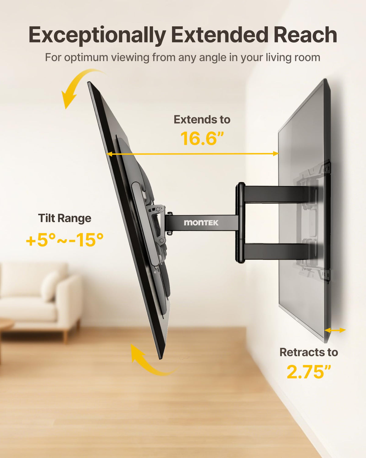 monTEK Wall Mount compatibility with VESA patterns 200x100 to 600x400