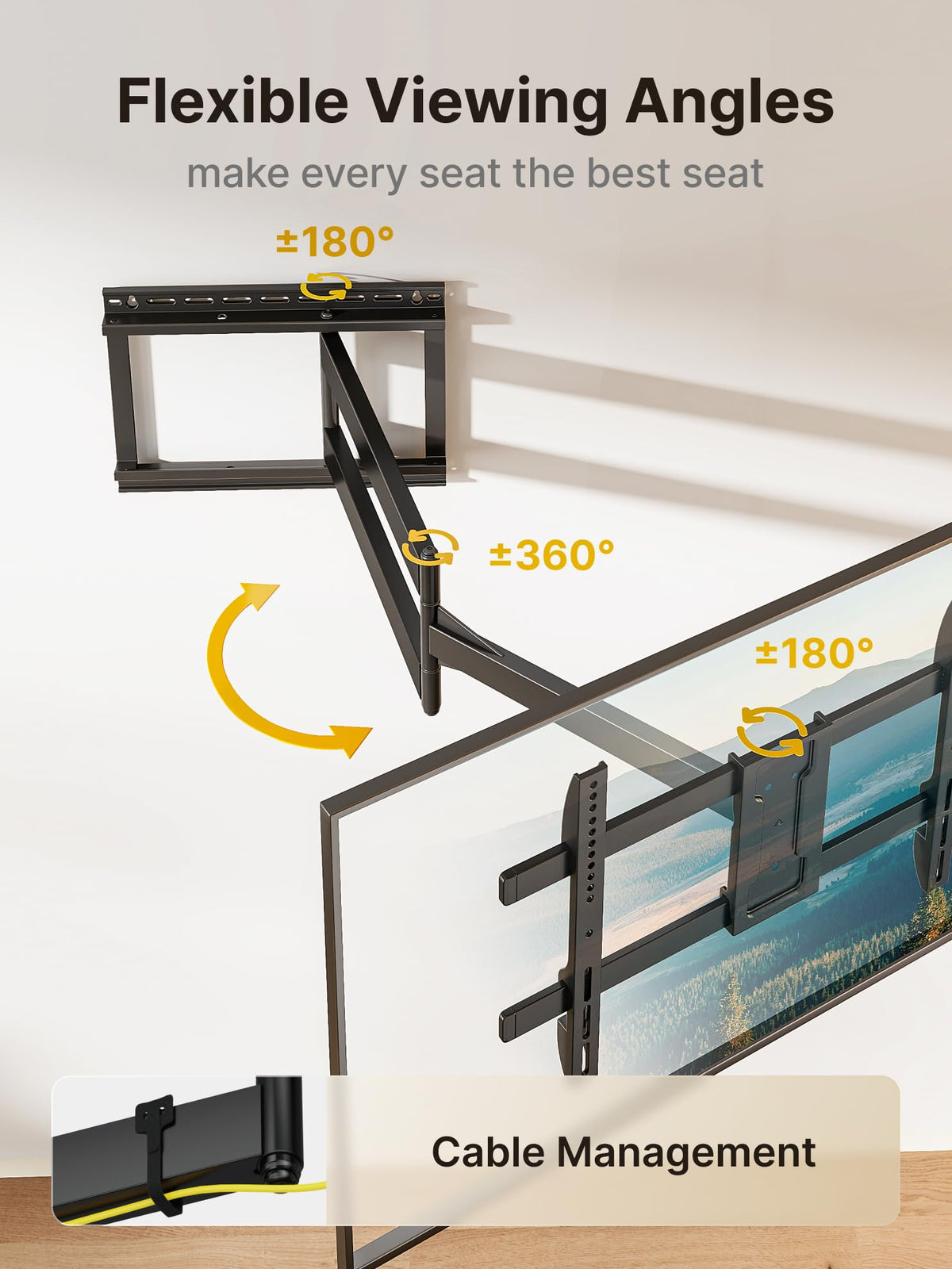 Montek long-arm wall mount supports up to 110 lbs for sturdy stability.