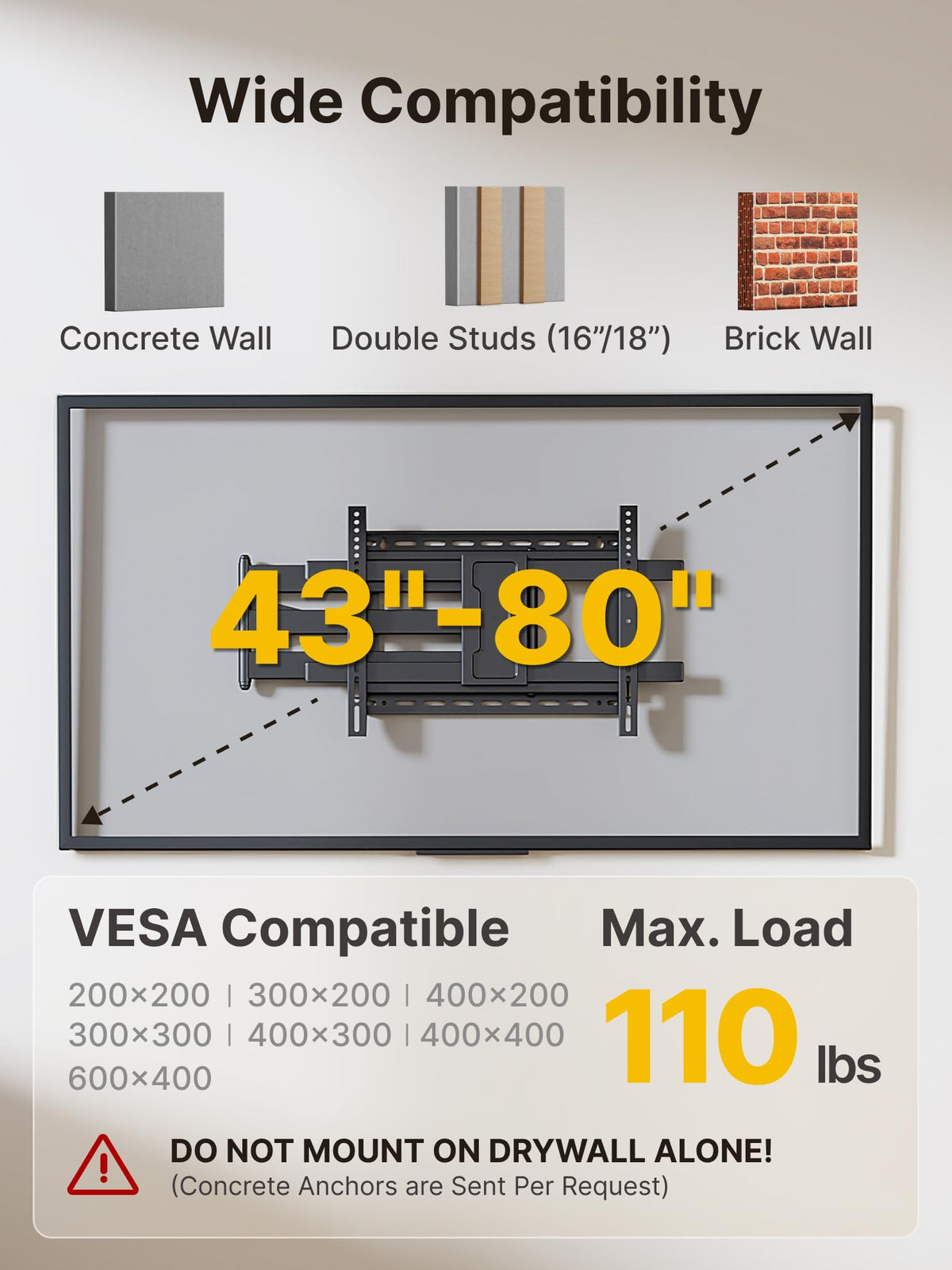 Montek long-arm wall mount swivels 180 degrees for wide seating options.