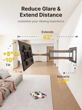 Montek long-arm wall mount tilts 10° down, 5° up for glare control.