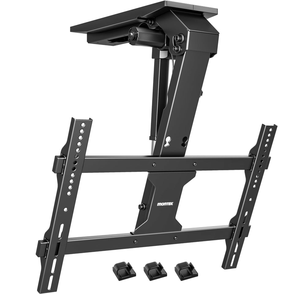 monTEK motorized ceiling TV mount remote control enables easy height and angle adjustments.