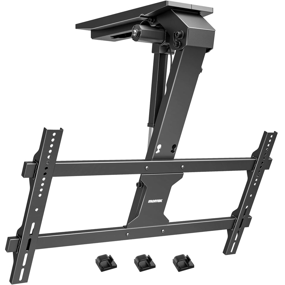 monTEK motorized ceiling mount with remote for easy TV positioning.
