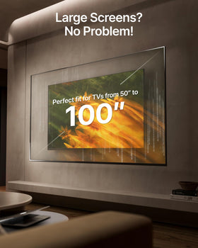 monTEK beside a 100-inch TV for scale to confirm large-screen support