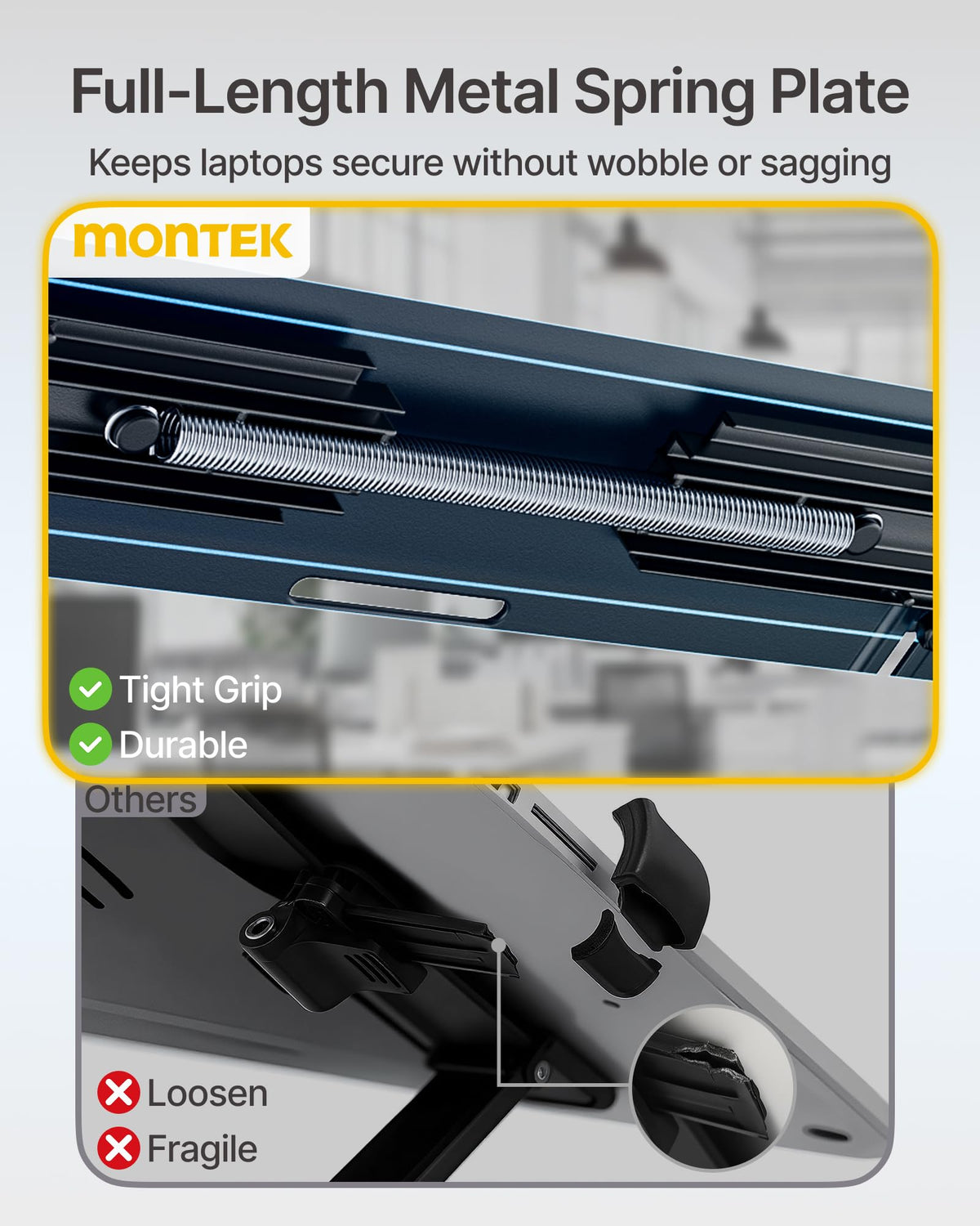 MonTEK spring clamps with EVA padding protect laptop surfaces from scratches