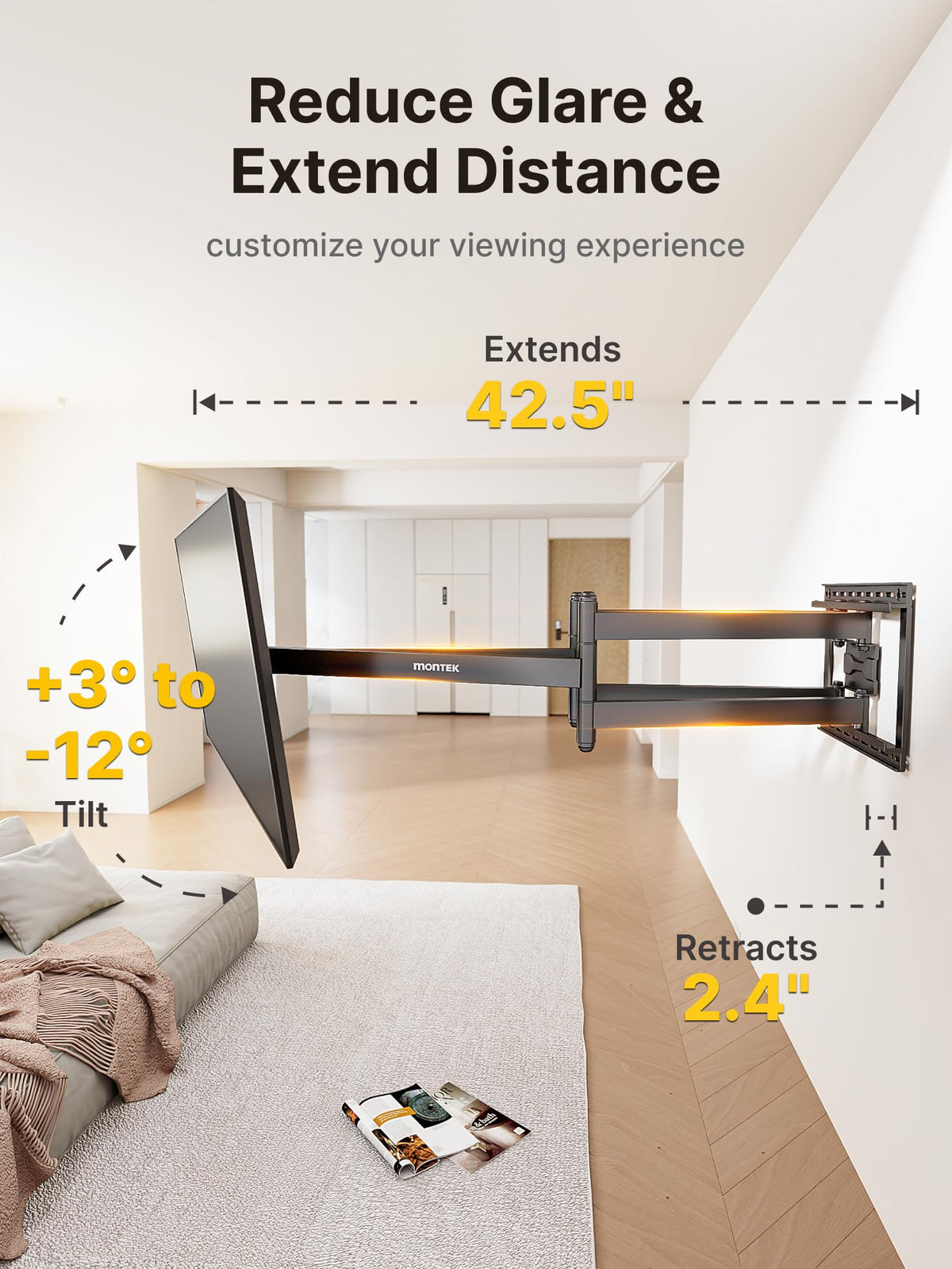 monTEK supports VESA patterns from 200x200 to 800x400 for wide TVs