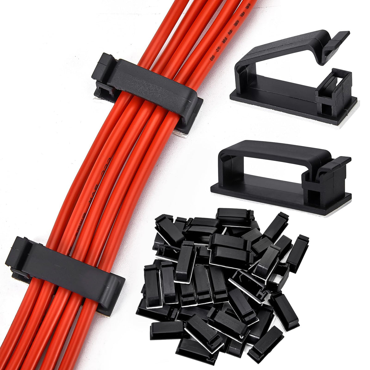 MOOCY front view of clip pack showing five black cable organizers and compact size benefit