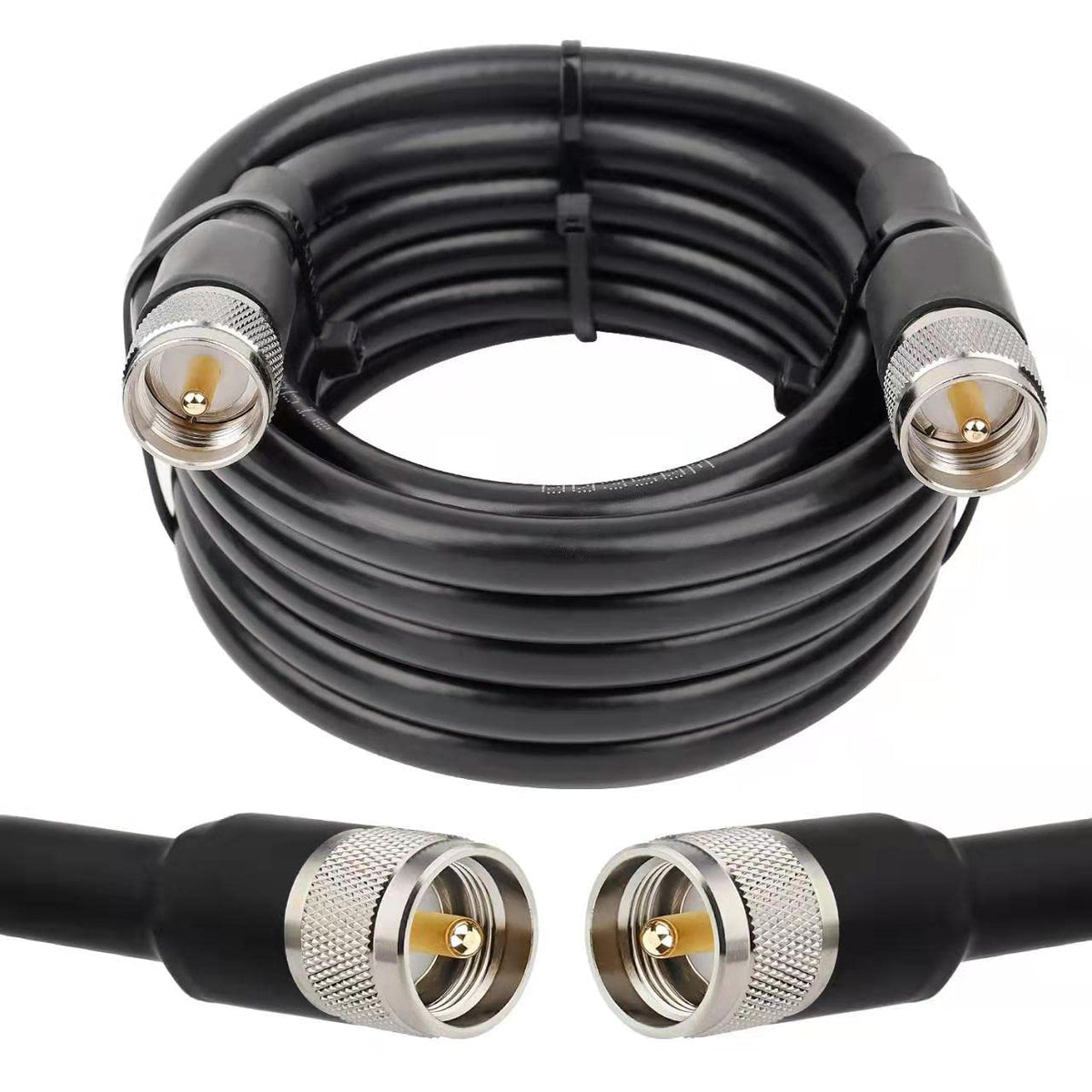 MOOKEERF 15ft UHF coax cable with PL259 male-to-male ends for reliable long-distance signals.