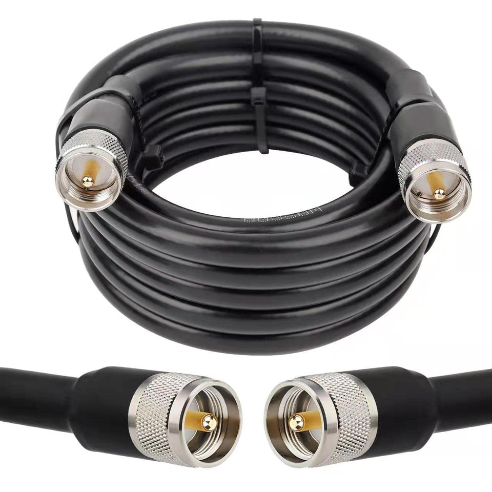 MOOKEERF 15ft UHF coax cable with PL259 male-to-male ends for reliable long-distance signals.