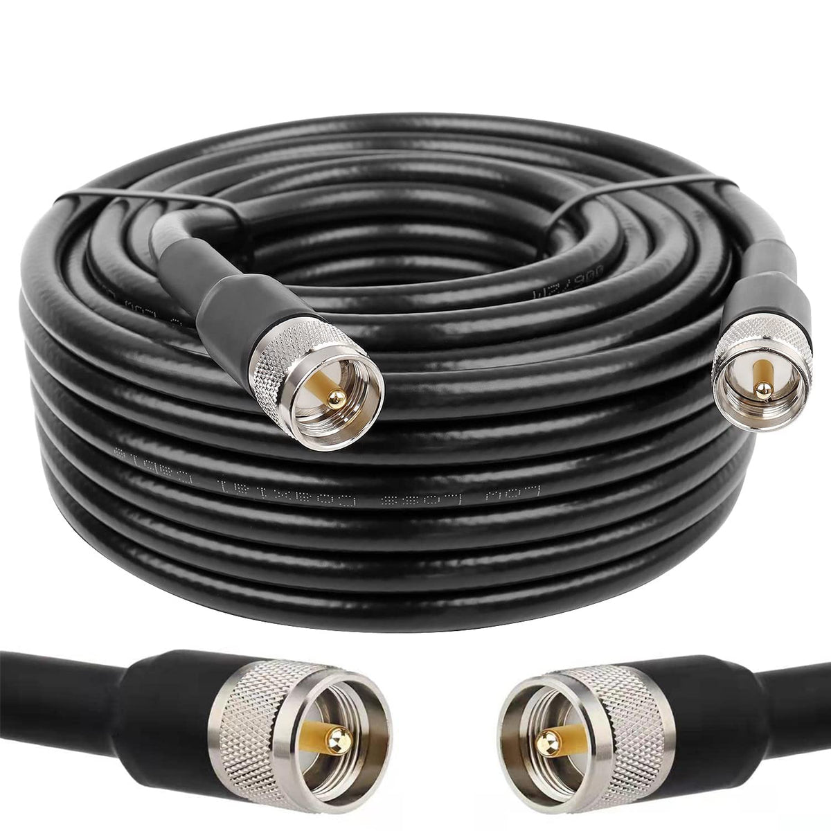 MOOKEERF 75ft RG8 PL259 coaxial cable with male-to-male connectors for long-range CB and HAM setups.