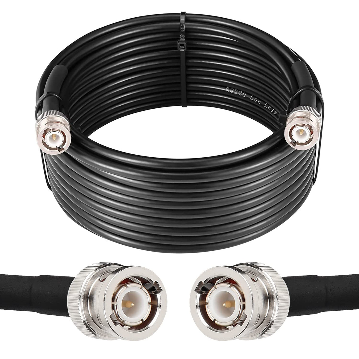 MOOKEERF full-length 25ft BNC cable showing connectors and black jacket benefit strong signal routing