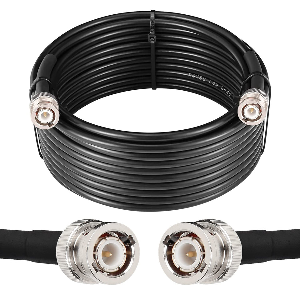 MOOKEERF full-length 25ft BNC cable showing connectors and black jacket benefit strong signal routing