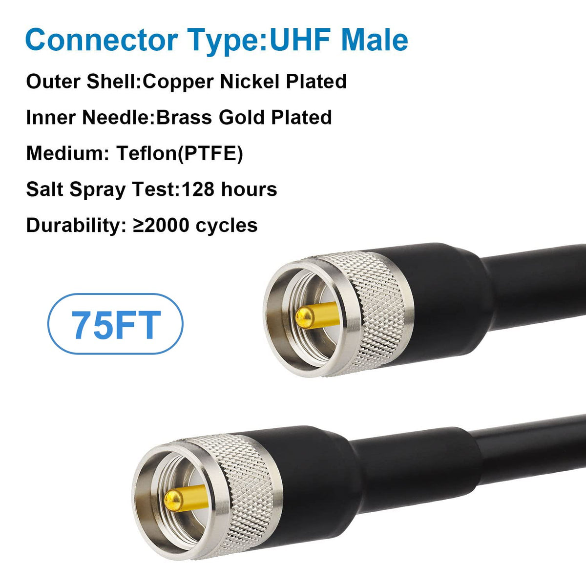 MOOKEERF coaxial cable jacket provides outdoor-ready protection against moisture and abrasion.
